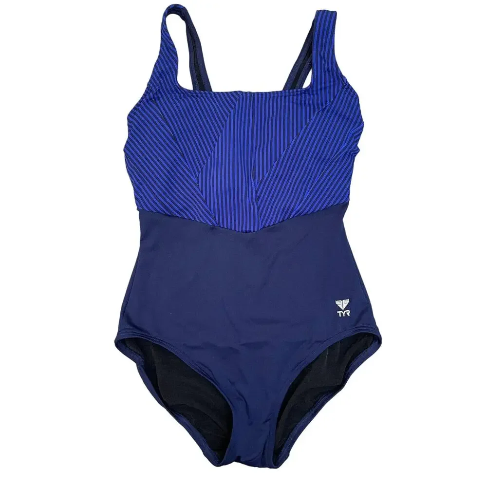 TYR Women MONROE Aqua ControlFit 1pc SwimSuit Navy Blue Stripe - Size 8 - NWOT